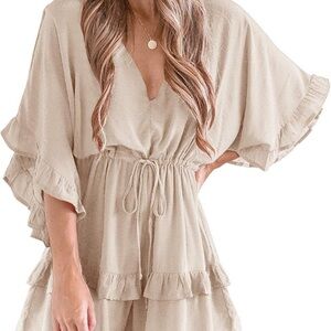 Amazon Beige Ruffle V-Neck Romper – Layered Beach / Fall Style – Size Small 🤎